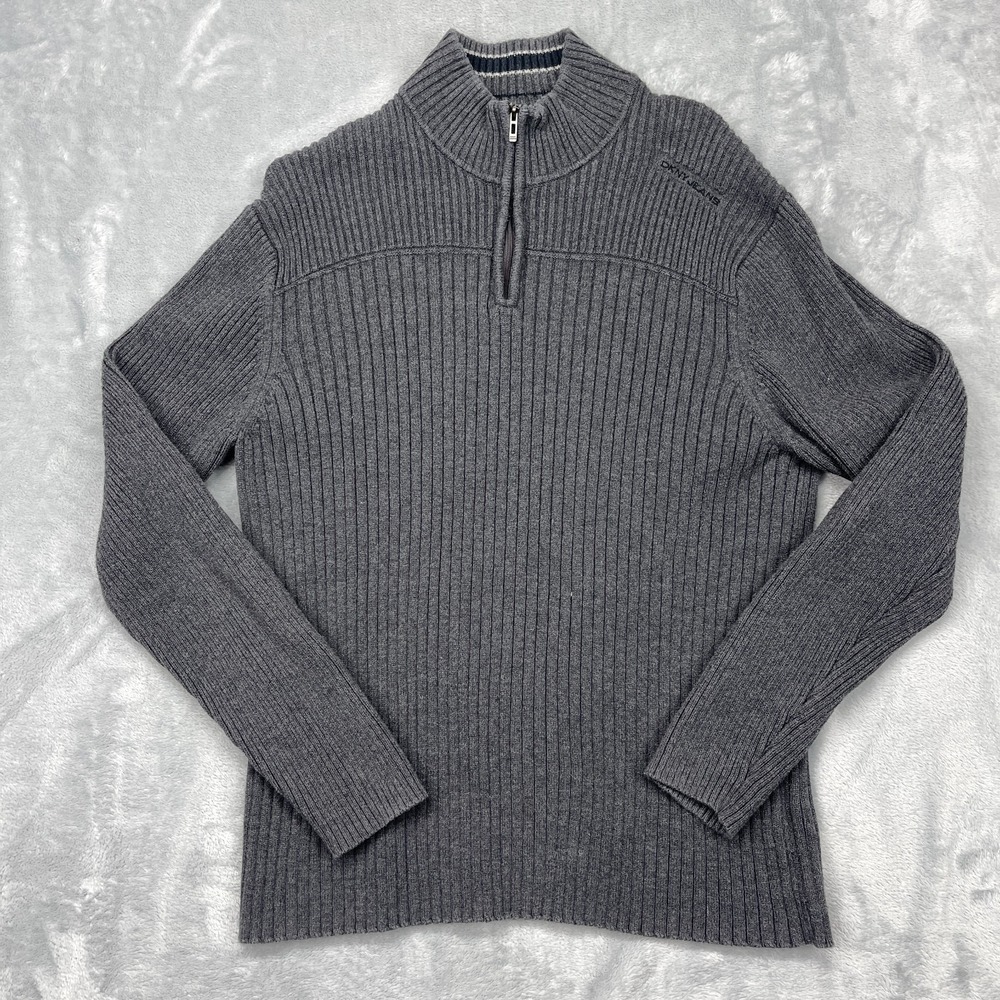 DKNY Jeans Sweater Mens XL Gray Ribbed Knit Long Sleeve 1/4 Zip Mock Pullover